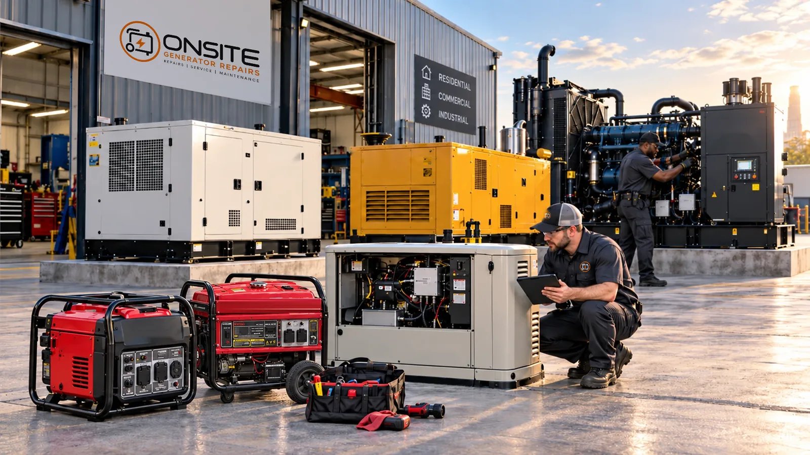 Two technicians at work on portable, home standby and large industrial diesel generators outside a workshop with an Onsite Generator Repairs sign