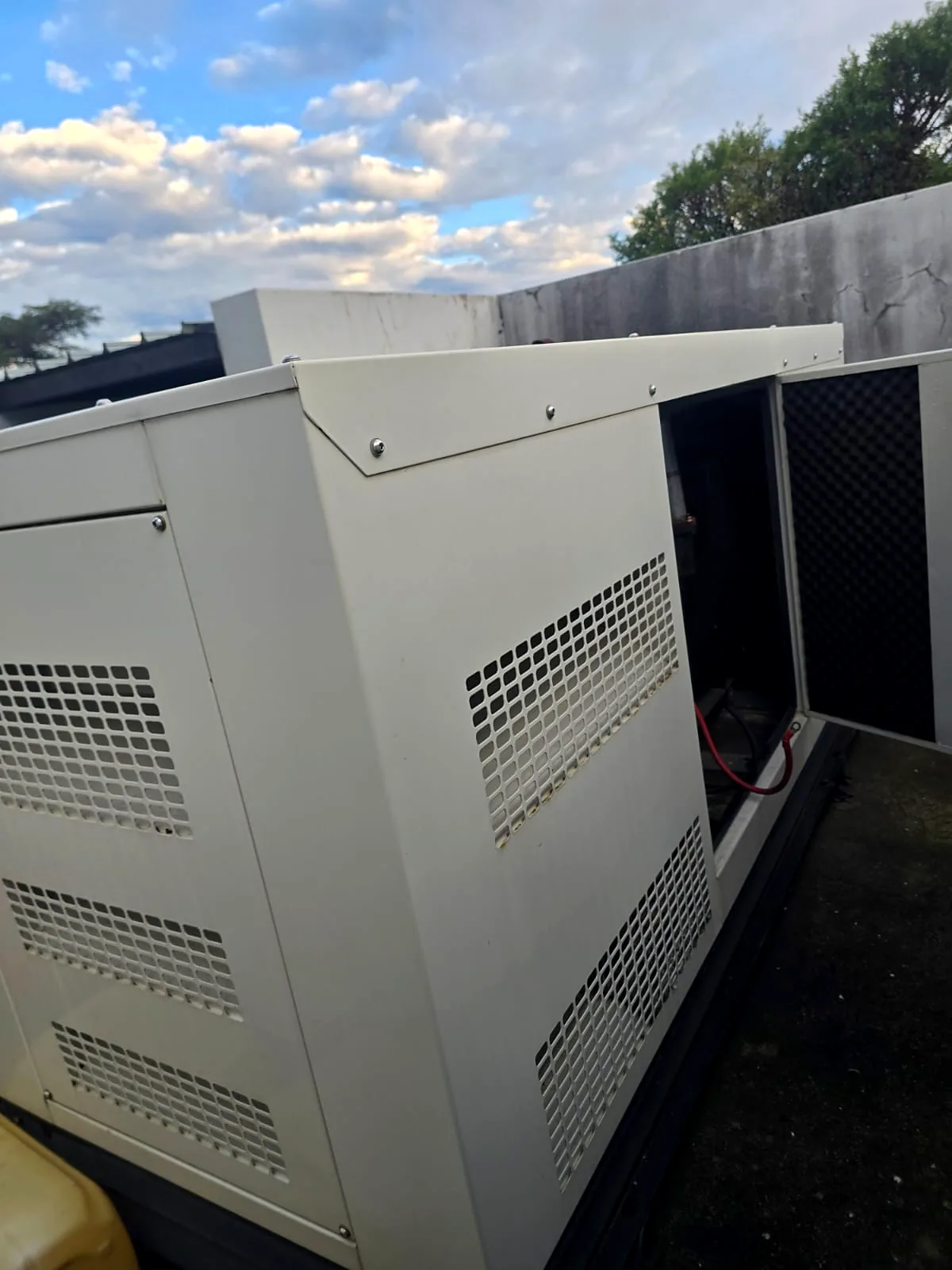 White canopied diesel generator with its service door open, against a wall under a cloudy sky